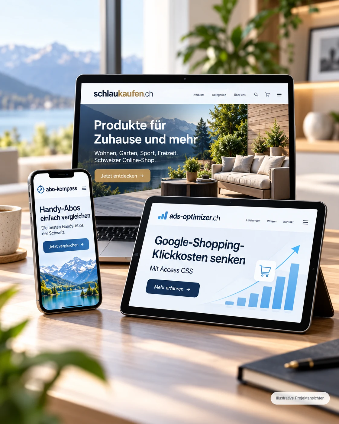 Gestaltete Beispielansicht von drei digitalen Onlineplattformen